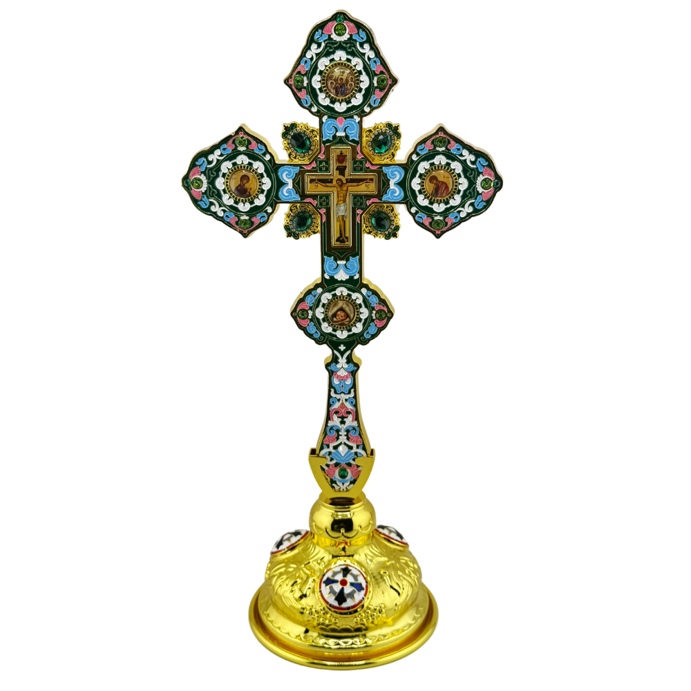 Orthodox Altar Cross In Gilding With Colored Enamel (Stand Optional) Orthodox Altar Cross In Gilding With Colored Enamel (Stand Optional)
